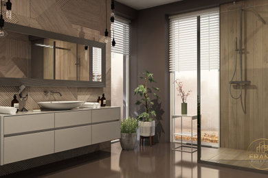 Large minimalist kids' brown tile and ceramic tile concrete floor, gray floor and double-sink bathroom photo in Other with glass-front cabinets, gray cabinets, marble countertops, white countertops and a floating vanity