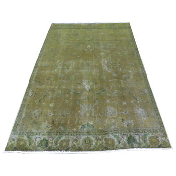 Hand-Knotted Worn Overdyed Gold Yellow Tabrez Oriental Rug, 7x12