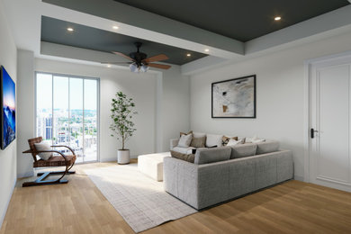 Modelo de sala de estar clásica renovada pequeña con paredes blancas, suelo de madera en tonos medios, televisor colgado en la pared y casetón