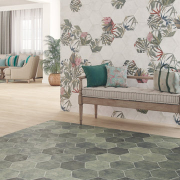 Wohnzimmer Gestaltung mit Saona Esmeralda als Bodenfliese und Aruba Blanco als W