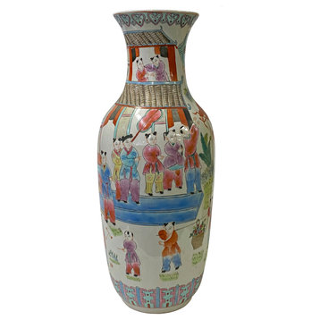 Vintage Chinese Ceramic White Porcelain Color People Graphic Vase Hws2829