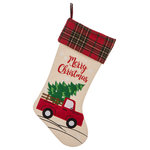 Glitzhome,LLC - 21" Embroidered Linen Christmas Stocking, Red Truck - This linen christmas tree and plaid design holiday stocking will definitely dress up your mantelpiece this Christmas and every Christmas from now on. It is classic and stylish, perfect for a chic decor. Pair with plaid ornaments for a traditional look.