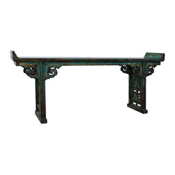 Oriental Distressed Long Teal Blue Scroll Apron Altar Console Table - Console Tables