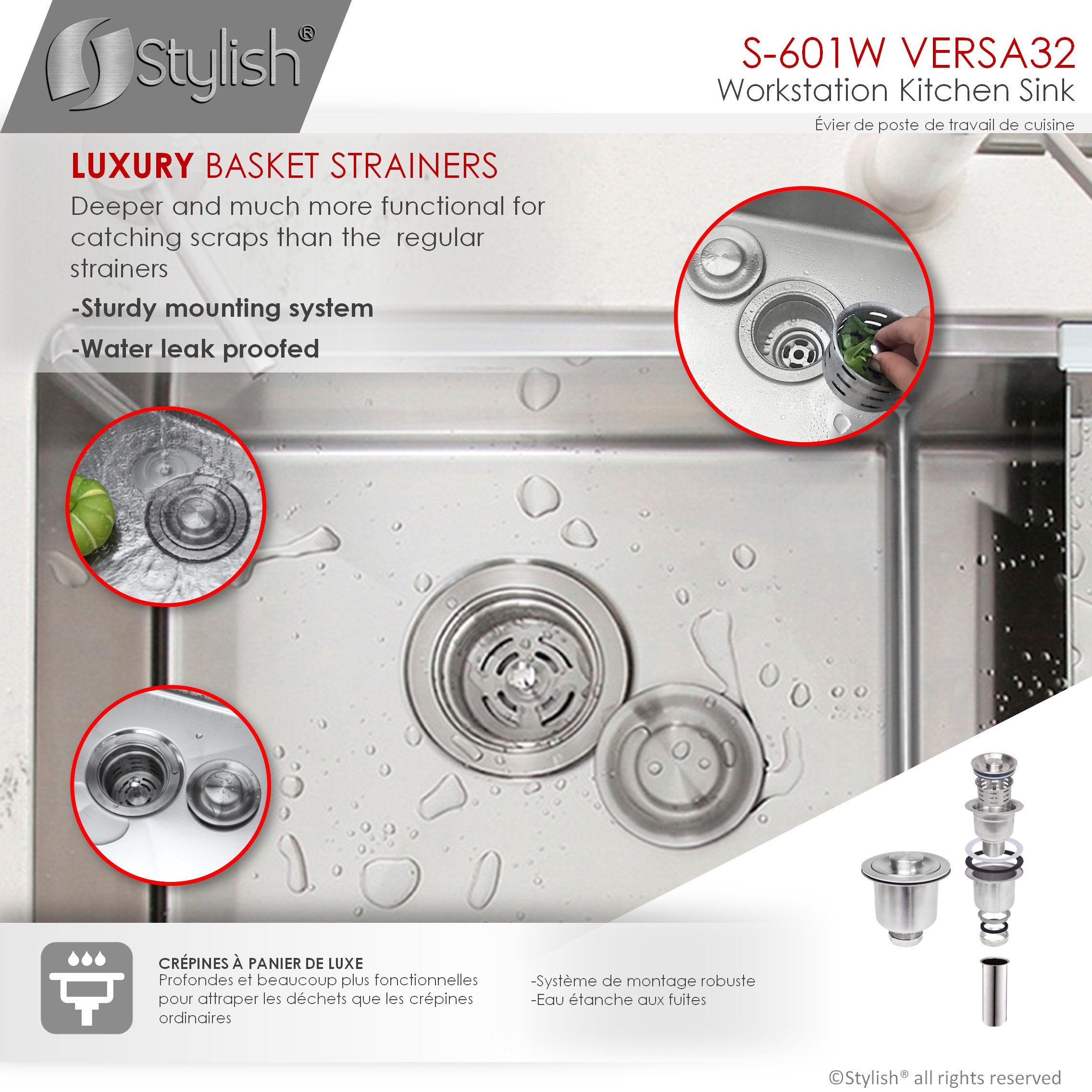 STYLISH 32 in Workstation Double Bowl Undermount Kitchen Sink with Accessories