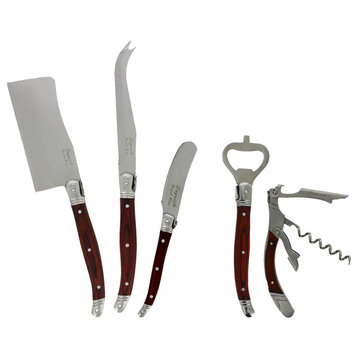 French Home Laguiole 5 Piece Cheese Knife/Wine Set with Pakkawood Handles