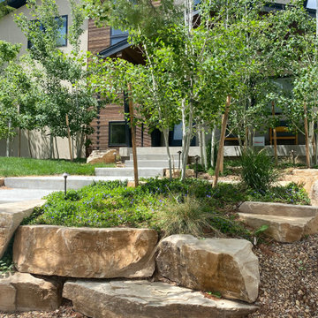 Mountain inspired minimalist boulder retaining walls and plantings.