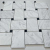 Wide Big Basketweave Carrara White Marble Mosaic Tile Honed Black Dots, 1 sheet