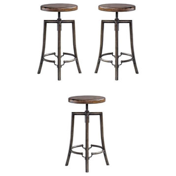 Home Square Adjustable Bar Stool in Dark Walnut and Aged Steel - Set of 3