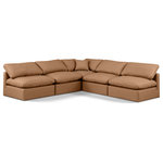 Meridian Furniture - Indulge Upholstered Modular L-Shaped Sectional, Cognac, 5-Piece: 4 Armless Chair, 1 Corner Chair, Fiber Stuffed Vegan Leather - Experience ultimate comfort and style with our cognac vegan leather Indulge Sectional. The luxurious vegan leather will elevate the aesthetic of any room. This sofa provides ample space for you to relax while its modular build offers the option of unlimited configurations. Whether you're looking to add a stylish element to your living room or a comfortable seating option to your bedroom, this sofa is the perfect choice.