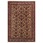 Bareens Designer Rugs - Tribal 1920s Antique Vintage Persian Afshar Rug - Create a new dimension of style in your space with this breath-taking antique tribal hand knotted Afshar rug made in early 1920s. Made in Iran, this gorgeous hand-knotted rug features all vegetable dyes and 100% wool, adding luxurious texture and appearance. This gorgeous antique rug features an intricate transitional design with a unique geometric border. It has horizontal and vertical symmetry with an awe-inspiring color pallet of ivory, blue, rust, greens and gold.