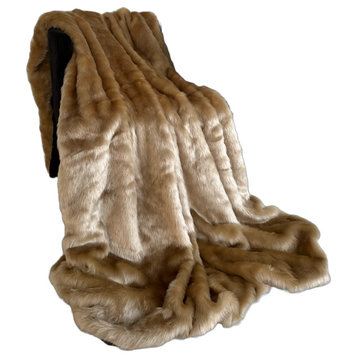 Plutus Brown Gold Rabbit Faux Fur Luxury Throw Blanket, Throw 48"W x 60"L