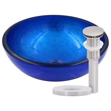 Verdazzurro Mini 12" Blue Foiled Round Tempered Glass Vessel Bath Sink & Drain, Brushed Nickel