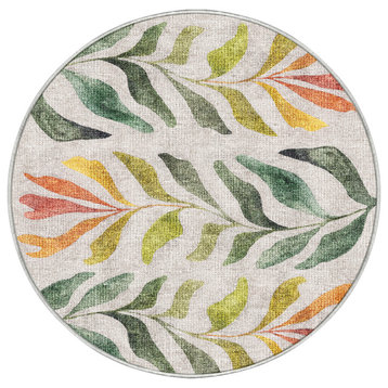 Washable Ombre Leaves Sunset Green Area Rug, Round 6', Round 6'