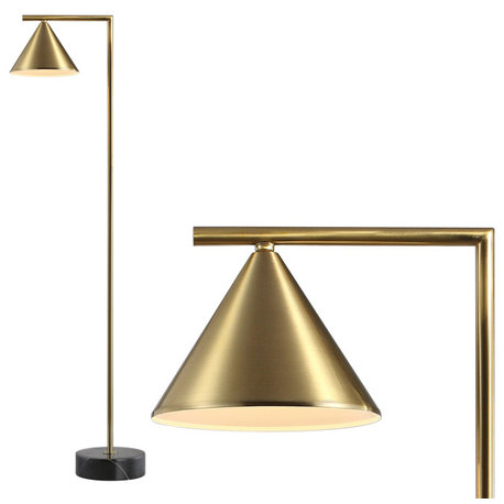 Chelsea 60" Metal, Marble Cone Shade LED Floor Lamp, Brass, Black