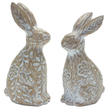 Floral Carved Rabbit Figurine, 2-Piece Set
