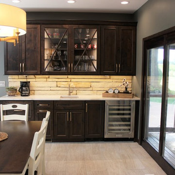 Rustic Alder Gray Stained Kitchen with White Hutch and Island