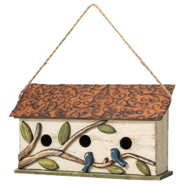 White Distressed Solid Wood Cottage Birdhouse