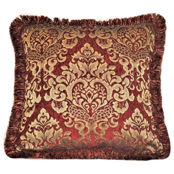 Chenille Throw Pillow With Fringe, Red/Gold, 14x21