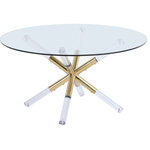 Meridian Furniture - Mercury Glass Top Coffee Table with Acrylic and Gold Metal Base - Bring modern pizzazz to your living room with this Mercury Acrylic Gold Coffee Table by Meridian Furniture. The base features a pedestal design with acrylic gold legs for a touch of contemporary fun. The tempered glass top offers plenty of room for holding items like framed pictures or magazines. The top is clear, so you can easily see the beauty of the metallic legs showing through, giving your living room or den a little something extra.
