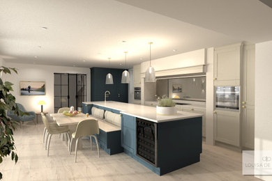 Photo of a large open plan kitchen in Other with shaker cabinets, blue cabinets, quartz worktops, mirror splashback, light hardwood flooring, an island, white worktops and feature lighting.