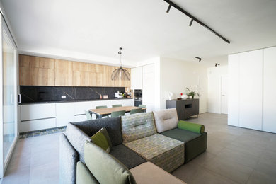 Ispirazione per un soggiorno contemporaneo con pavimento in gres porcellanato e pavimento grigio