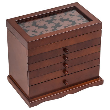 6 Layer Wooden Jewelry Box Storage Organizer Brown Pattern with Drawers