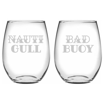 "Nauti Gull" and "Bad Buoy" 2-Piece Stemless Wine Glass Set