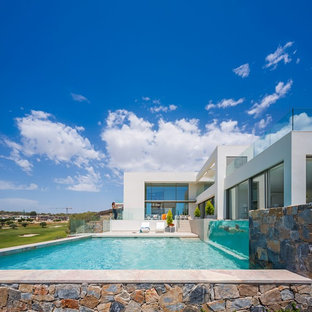 Inspiration för stora moderna anpassad träningspooler framför huset, med poolhus