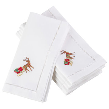 Embroidered Reindeer Hemstitched Border Cotton Napkin - Set of 6, 20" x 20"