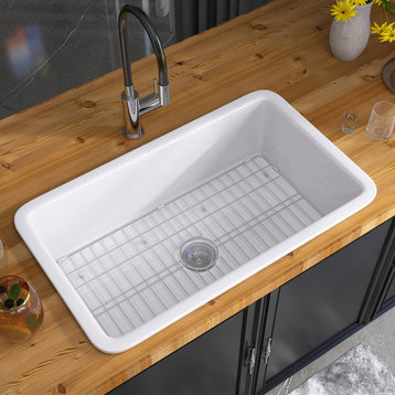 32 X 19" Drop-in/Undermount Fireclay Farm Kitchen Sink Single Bowl With Strainer