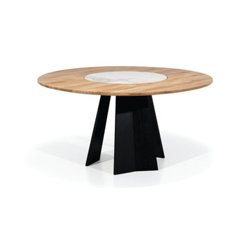 RIANA Solid Wood Round Dining Table, Natural Wood/Marble/Black