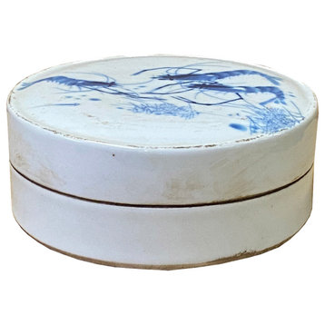 Chinese Blue White Porcelain Prawn Graphic Round Box Display Hws2016
