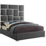 Meridian Furniture - Milan Faux Leather Bed, Gray, Queen - Make this Milan grey vegan leather queen bed the center showpiece in your bedroom makeover. This elegant bed has a bold look with its super-tall headboard that's divided up into subway blocks for a slightly industrial feel. Chromed metal against the soft and durable grey vegan leather adds a stunning feel to this bed. Additional leather wraps its way all around the sides of the bed for a finished and tailored presentation that turns heads and makes your bed the star of the show.