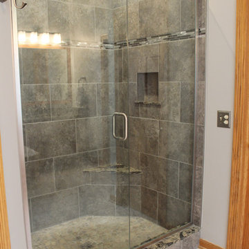 Master Bath Grey Tiled Shower and Quartz Countertops ~ Medina, OH