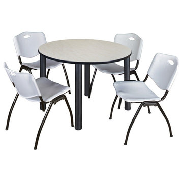 Kee 48" Round Breakroom Table, Maple/ Black and 4 'M' Stack Chairs, Gray