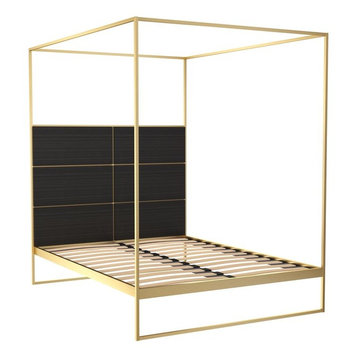 Federico Double Canopy Bed, Black Stained Oak, Brass Base