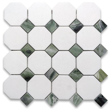 Thassos White Marble Octagon Mosaic Tile Sagano Green Dots Polished, 1 sheet