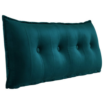 Button Tufted Bed Rest Body Positioning Pillow Headboard Cushion Velvet Cyan, 54x20x3 Inches
