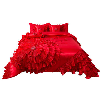 Red Rose Satin Ruffle Floral Romantic Victorian Comforter Bedding Set, King