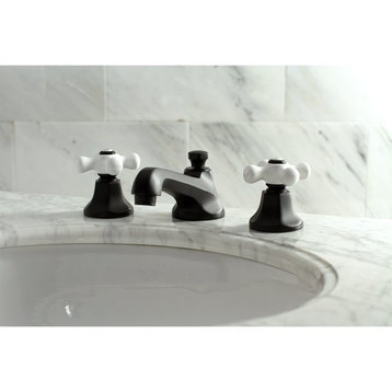 Deck Mounted Bathroom Faucet, Low Profile Spout & White Crossed Handles, Black