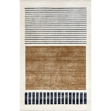 nuLOOM Keeva Modern Striped Fringe Rug, Beige 6' 5" Square