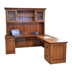 L shaped desk with slant front on left side, hutch top - Products