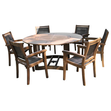 7-Piece Eucalyptus Dining Set With Stacking Armchairs and Built-In Lazy Susan