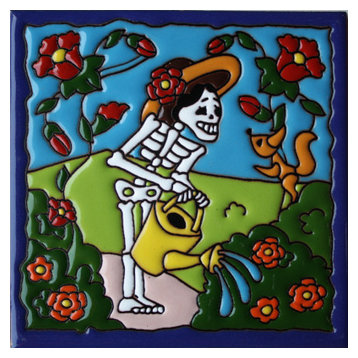 6"x6" Morning Gardening Day of the Dead Clay Tile
