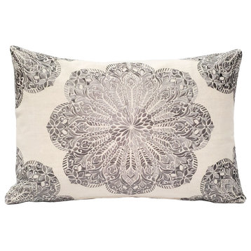 Mancini Medallion Embroidered 16x24 Throw Pillow, Natural and Gray