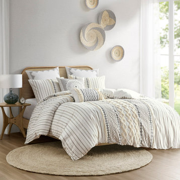 INK+IVY Imani Cotton Printed Duvet Cover Set With Chenille, Ivory