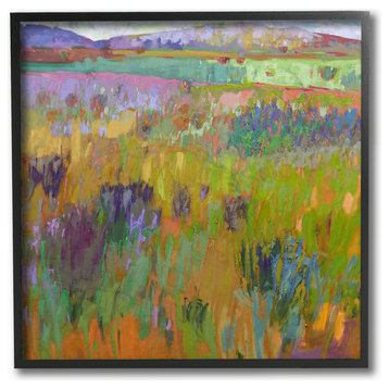 Pastel Painterly Fields and Flowers Landscape Framed Giclee, 12"x12"
