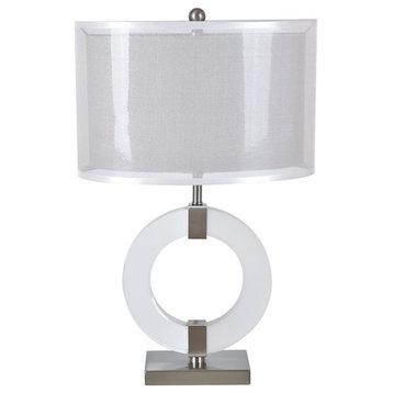 Astrid 3-Way Metal Table Lamp with Gray Linen Shade and Sheer Organza