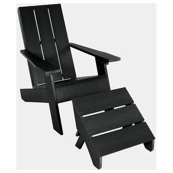 Modern Adirondack Chair With Footrest, Weatherproof Plastic Frame, Black
