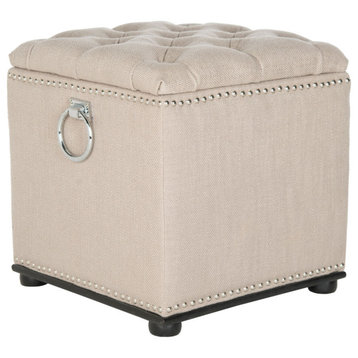 Terrance Storage Ottoman With Silver Nail Heads Biscuit Beige